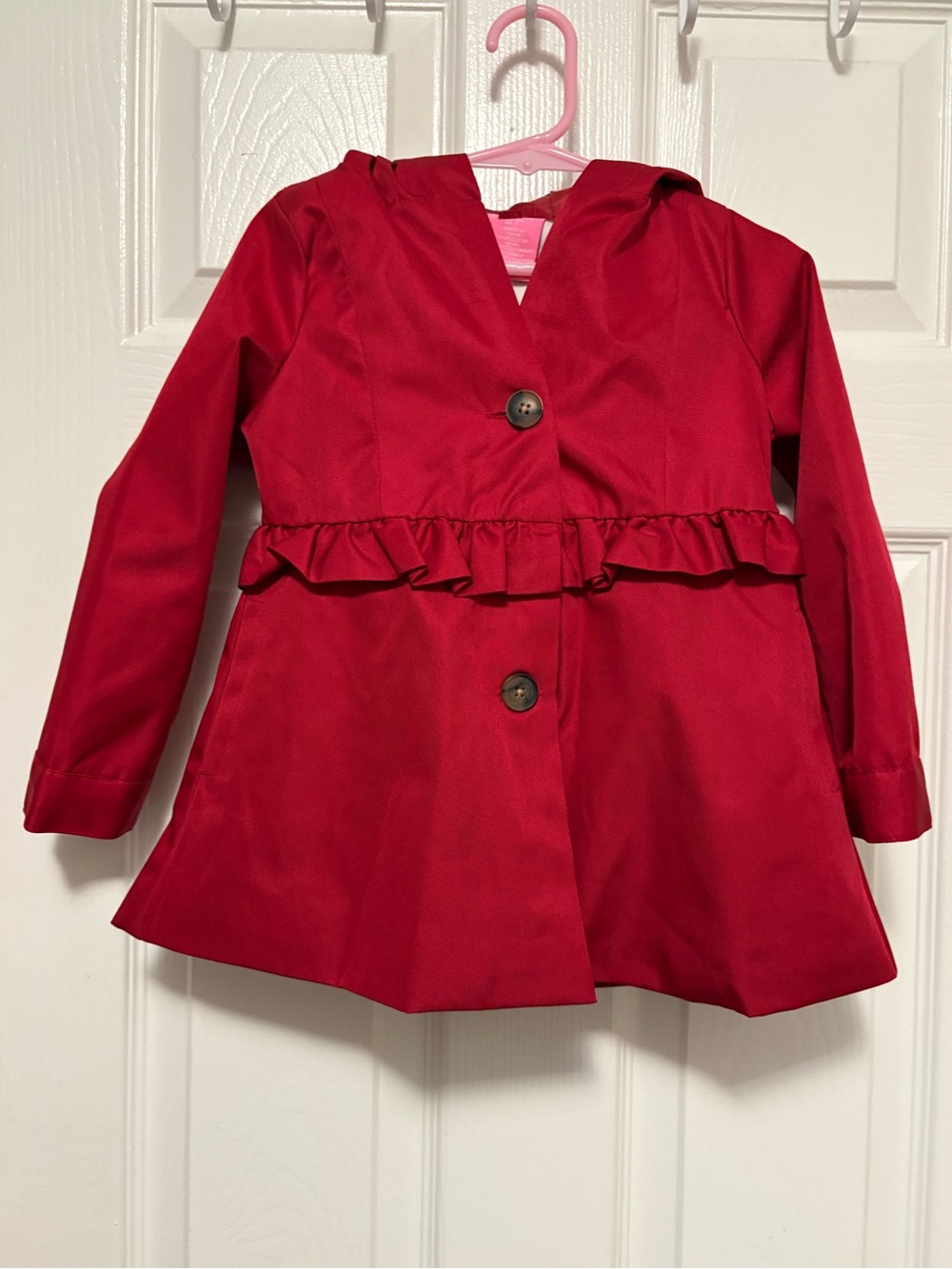 *Isaac Mizrahi Girls' Red Ruffle Accent Hooded Size 4 Peacoat Raincoat
